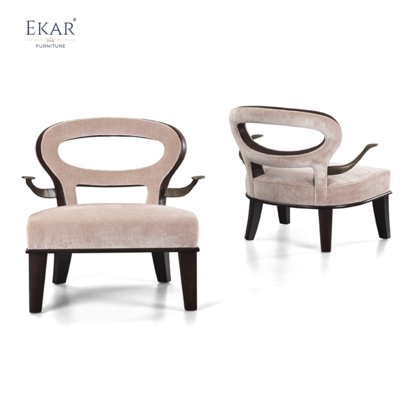 Modern brass arm plush lounge chair with openwork backrest and ergonomic support