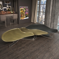 Modern modular coffee table set with metal textured top and brass trim