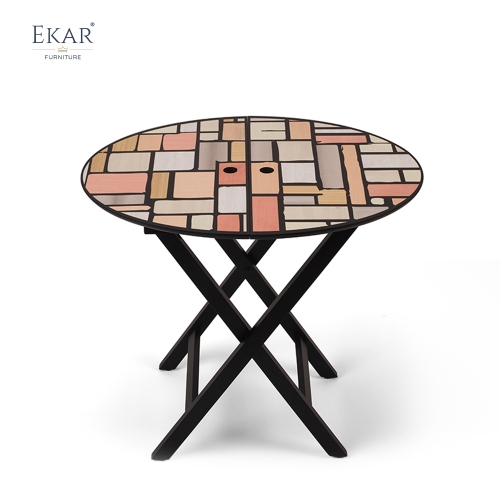 Modern Solid Wood Side Table with Parquet Inlay Top and Brass Accents