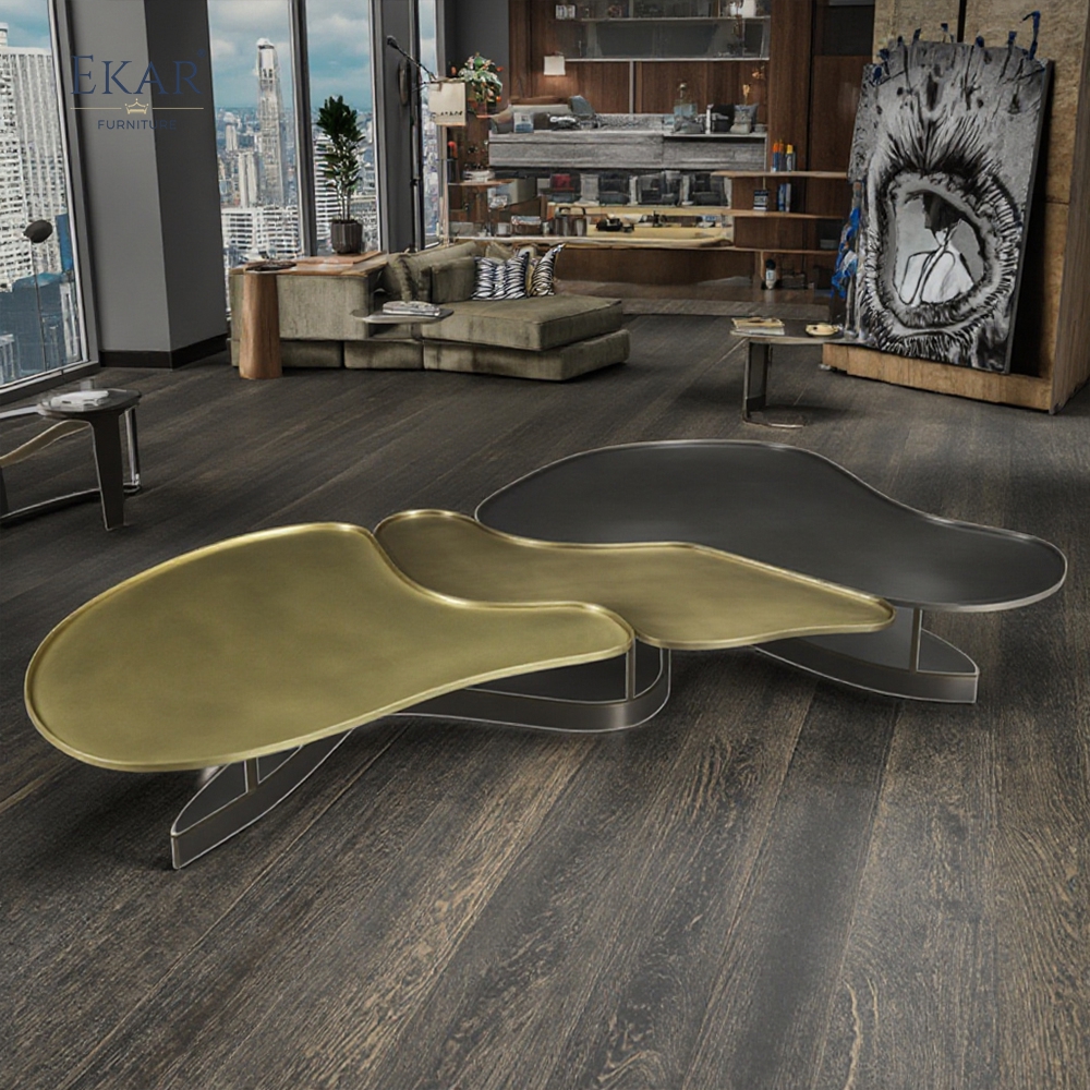 Modern modular coffee table set with metal textured top and brass trim