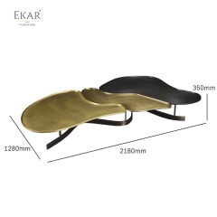 Modern modular coffee table set with metal textured top and brass trim