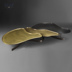 Modern modular coffee table set with metal textured top and brass trim