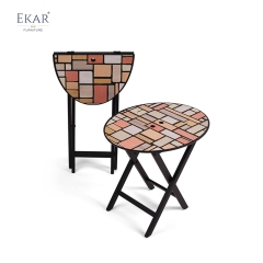 Modern Solid Wood Side Table with Parquet Inlay Top and Brass Accents