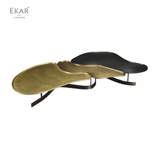Modern modular coffee table set with metal textured top and brass trim