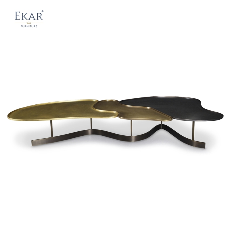 Modern modular coffee table set with metal textured top and brass trim