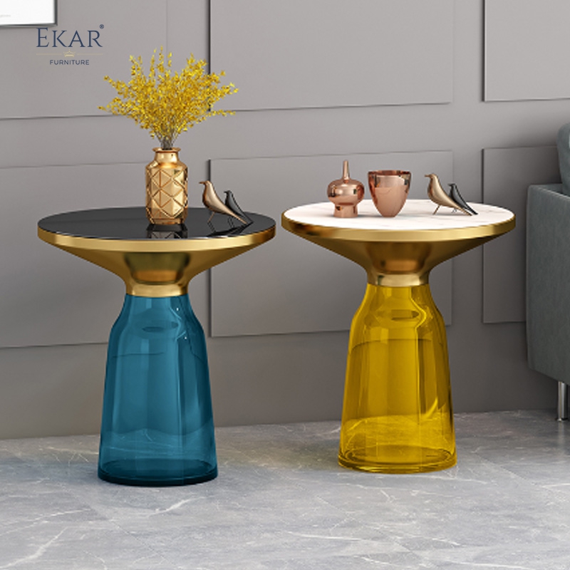 Modern Brass-Top Accent Table with Glass Base