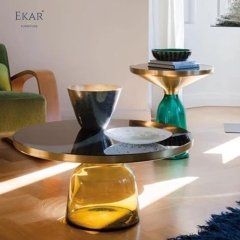 Modern Brass-Top Accent Table with Glass Base