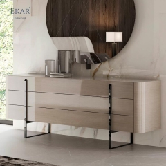 Modern Solid Wood Media Console with Metal Legs and Shelves