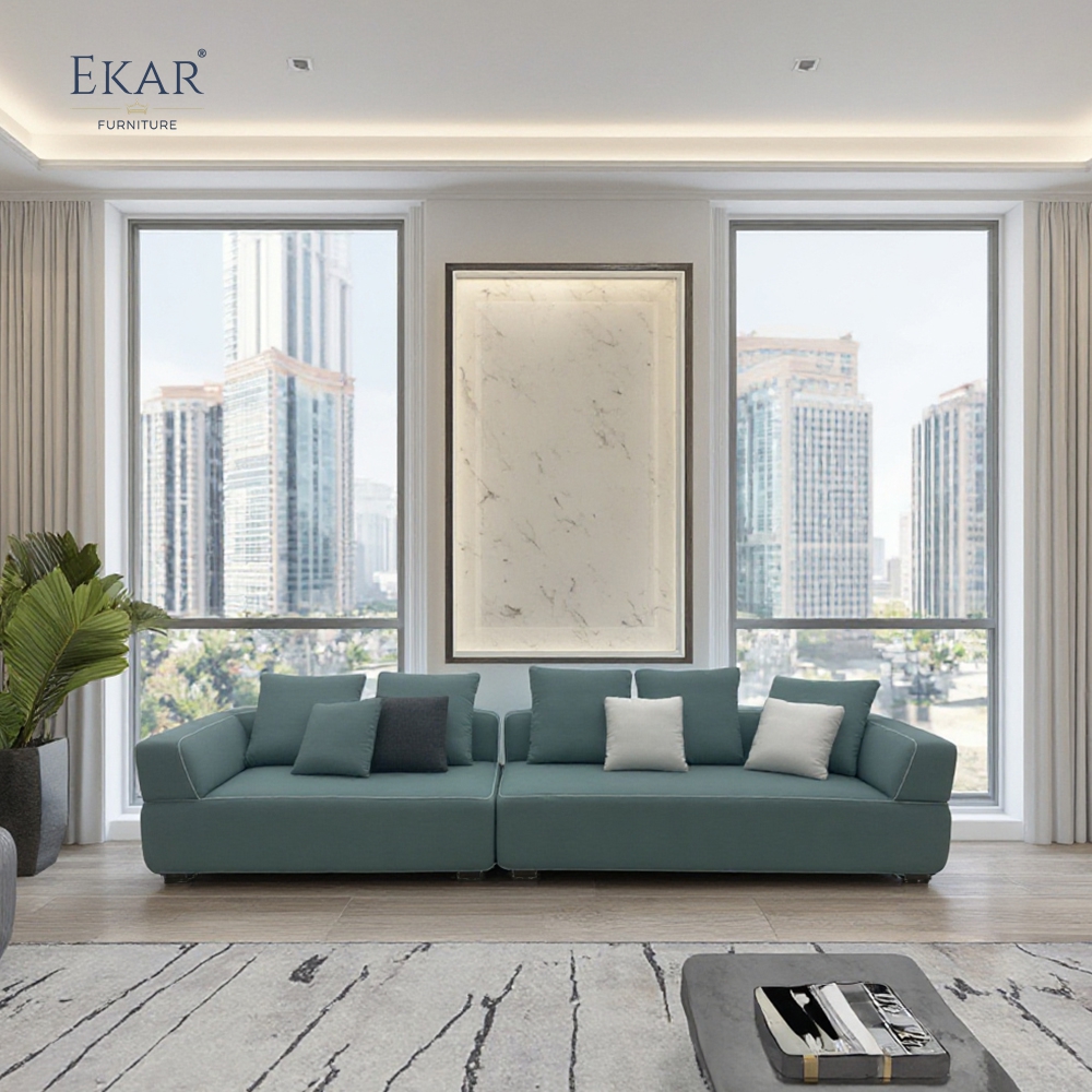 Modern Outdoor Sofa with Linen-Blend Fabric and Solid Teak Frame, Modular Patio Seating