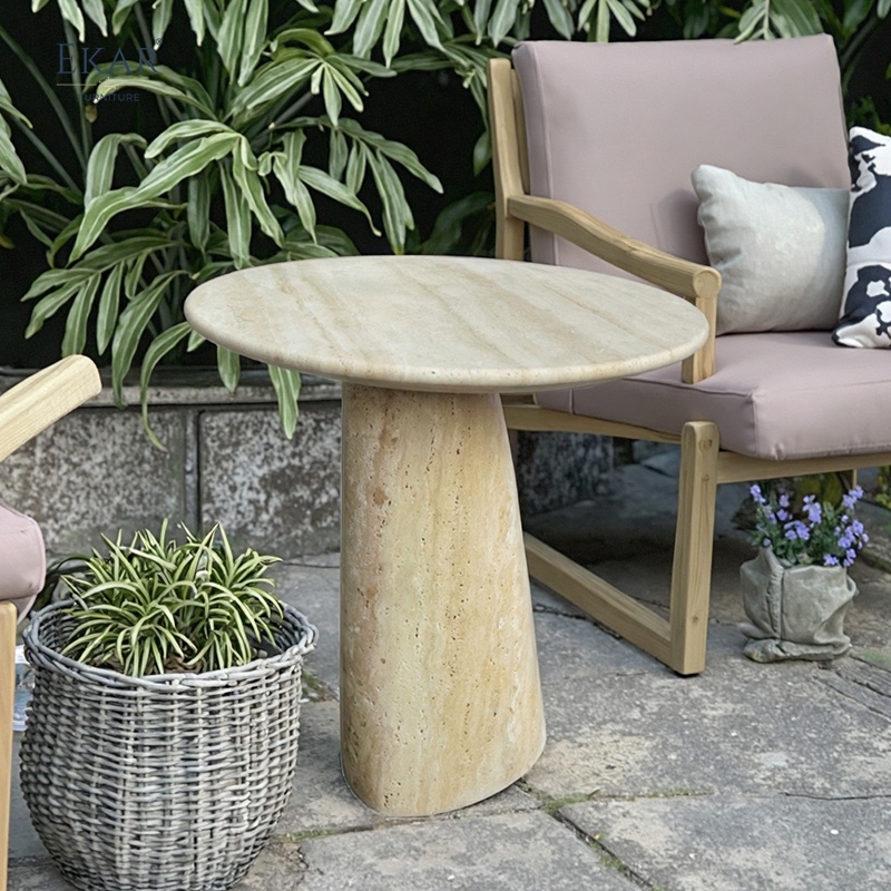 Compact Travertine Outdoor Side Table, Modern Patio Accent Table