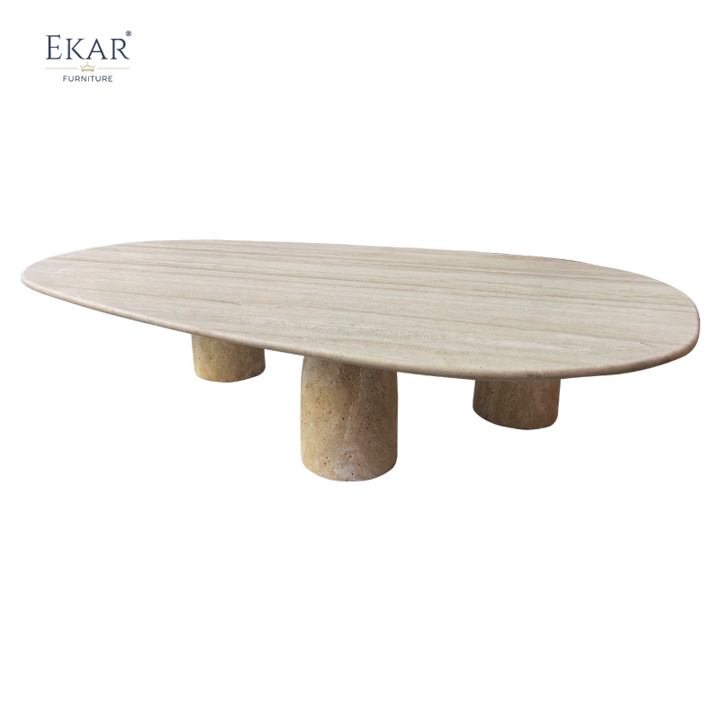 Solid Travertine Outdoor Coffee Table, Modern Natural Stone Patio Centerpiece