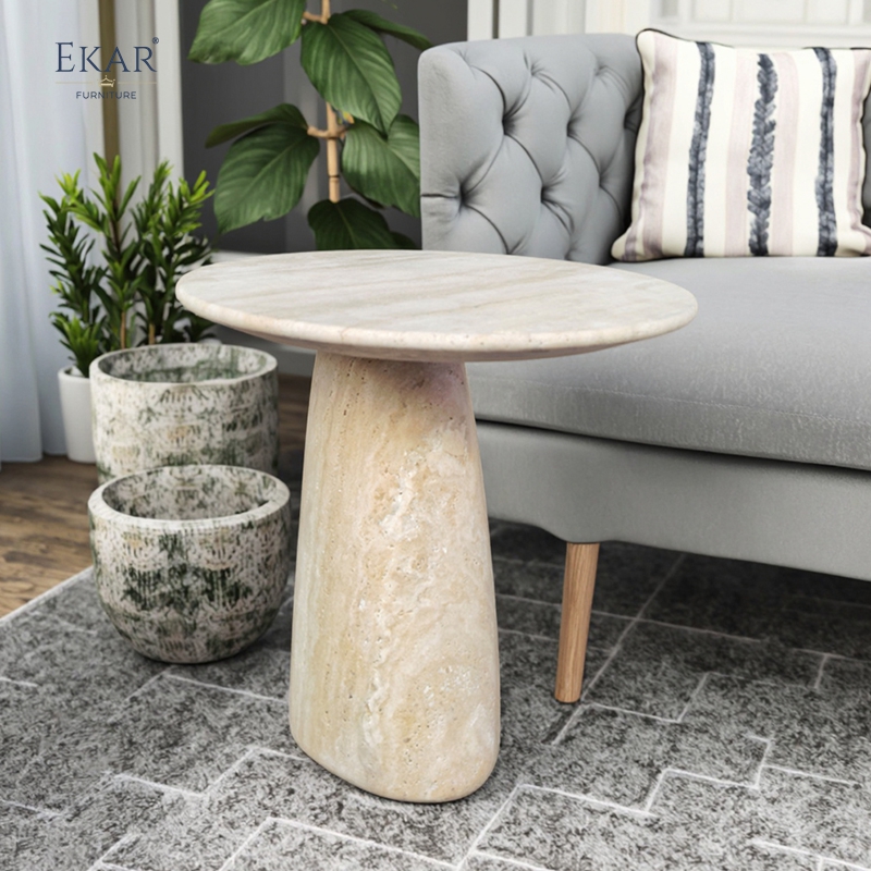 Compact Travertine Outdoor Side Table, Modern Patio Accent Table