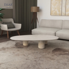 Solid Travertine Outdoor Coffee Table, Modern Natural Stone Patio Centerpiece