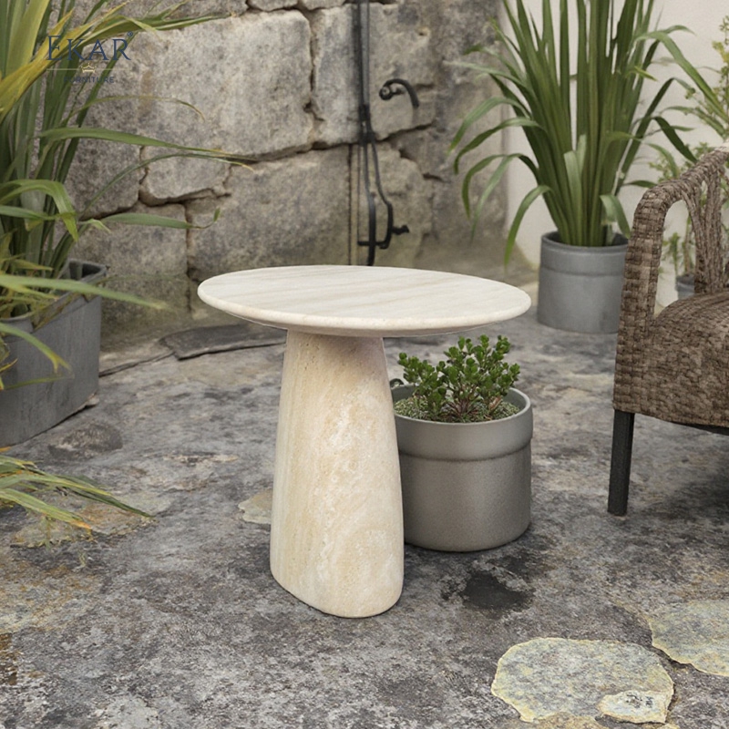 Compact Travertine Outdoor Side Table, Modern Patio Accent Table