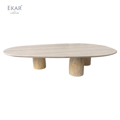 Solid Travertine Outdoor Coffee Table, Modern Natural Stone Patio Centerpiece