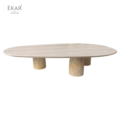 Solid Travertine Outdoor Coffee Table, Modern Natural Stone Patio Centerpiece