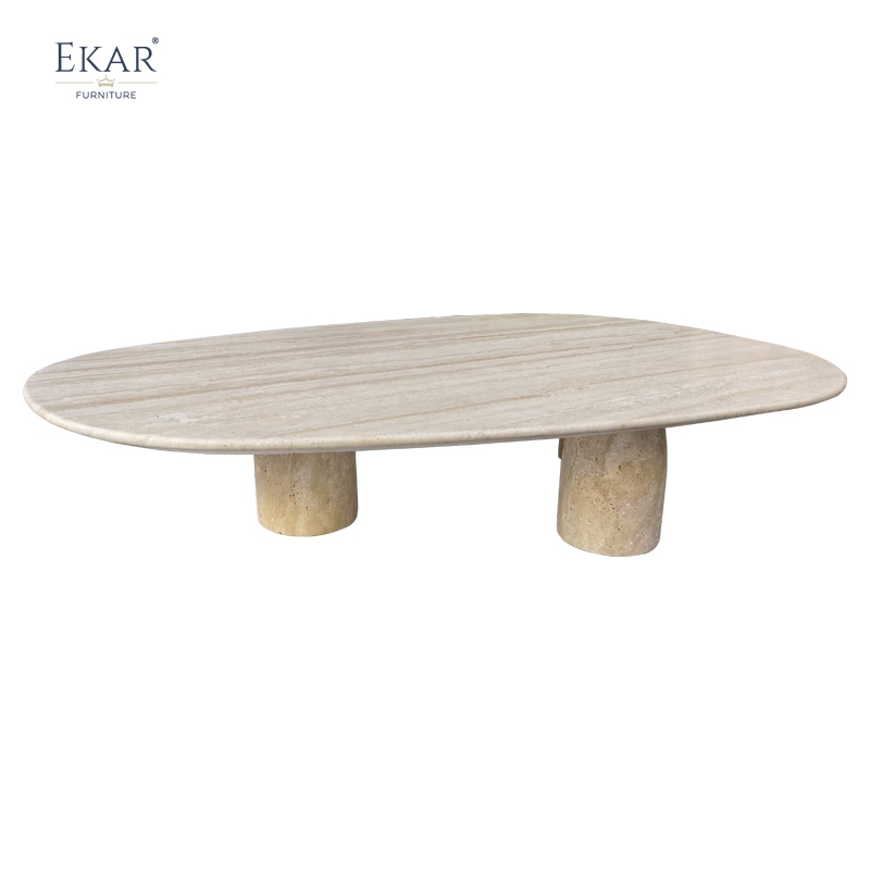 Solid Travertine Outdoor Coffee Table, Modern Natural Stone Patio Centerpiece