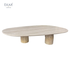 Solid Travertine Outdoor Coffee Table, Modern Natural Stone Patio Centerpiece
