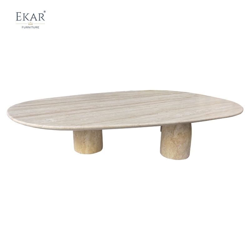 Solid Travertine Outdoor Coffee Table, Modern Natural Stone Patio Centerpiece