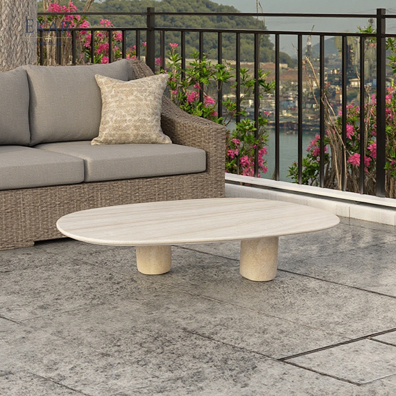 Solid Travertine Outdoor Coffee Table, Modern Natural Stone Patio Centerpiece