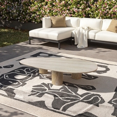 Solid Travertine Outdoor Coffee Table, Modern Natural Stone Patio Centerpiece