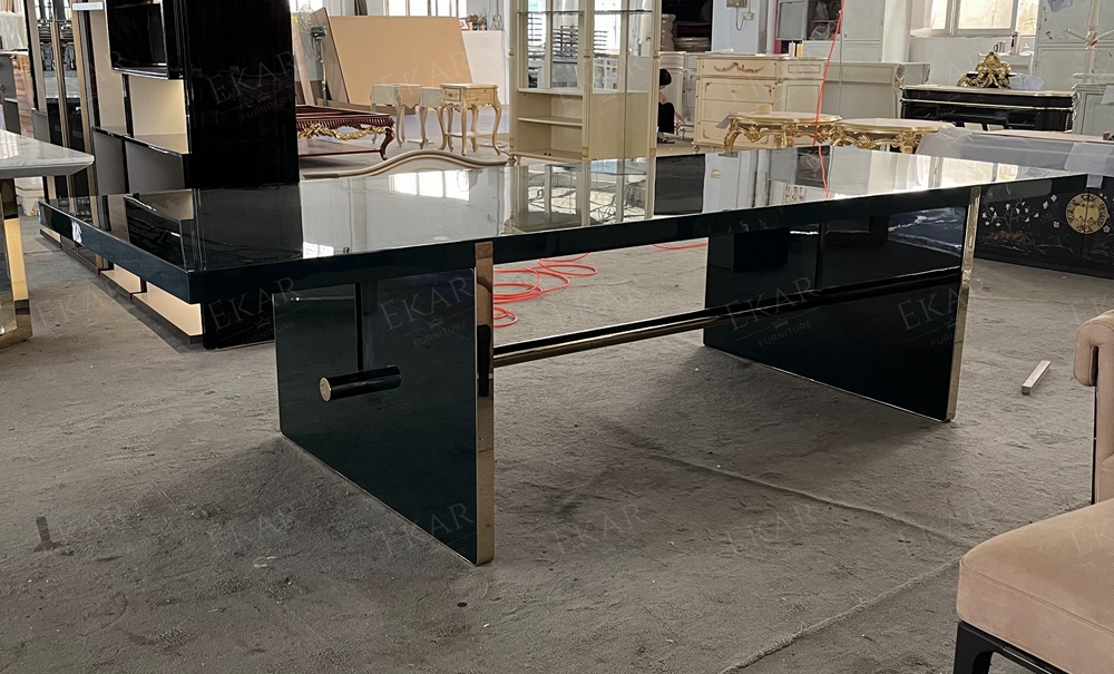 Modern Orange Rectangular Dining Table – Sleek Design with Sturdy Metal Legs