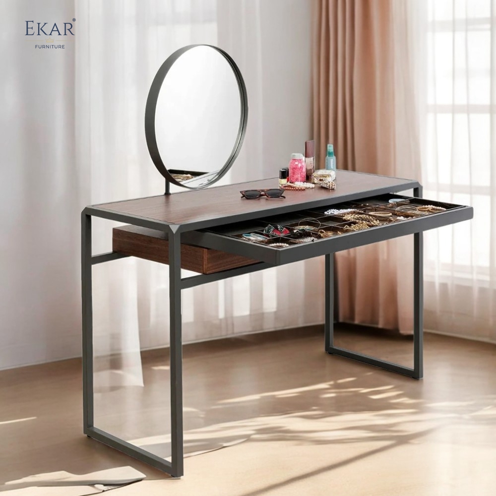 Minimalist Dressing Table — Modern Vanity Desk with Oval Mirror & Hidden Storage, Solid Wood for Bedroom Sanctuary