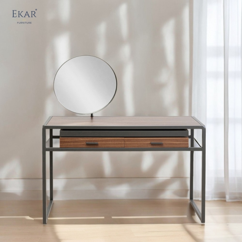 Minimalist Dressing Table — Modern Vanity Desk with Oval Mirror & Hidden Storage, Solid Wood for Bedroom Sanctuary