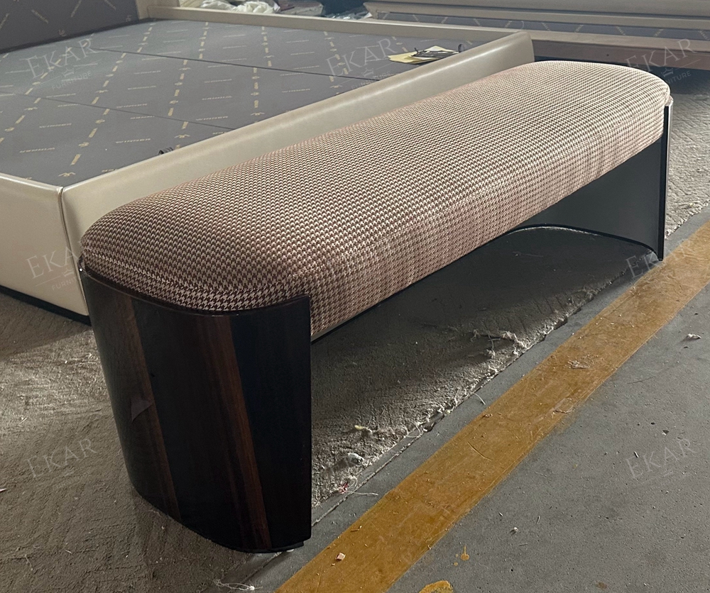 Elegant Bed End Stool with Iron Base and Upholstered Fabric Seat by EKAR FURNITURE