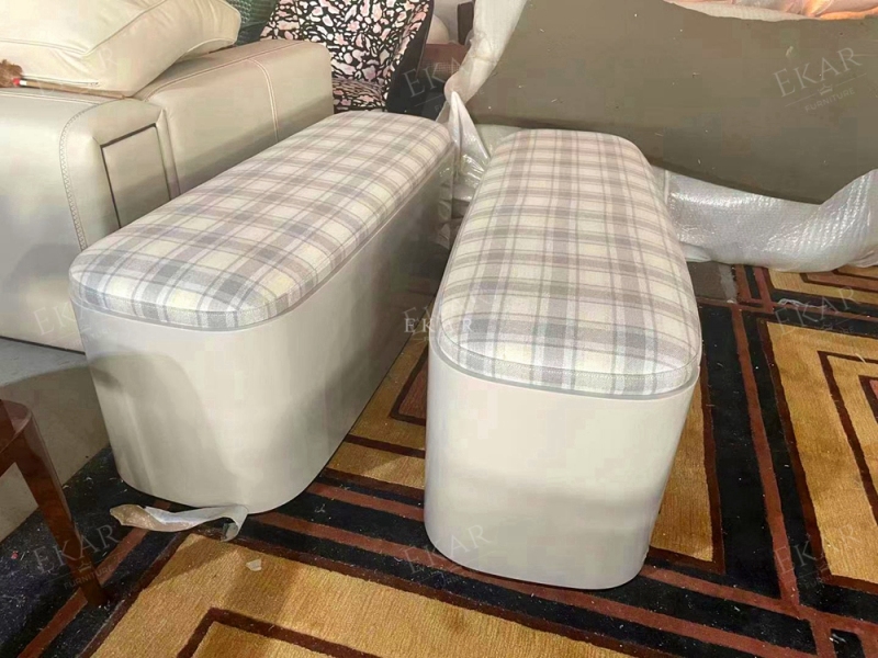 Elegant Bed End Stool with Iron Base and Upholstered Fabric Seat by EKAR FURNITURE