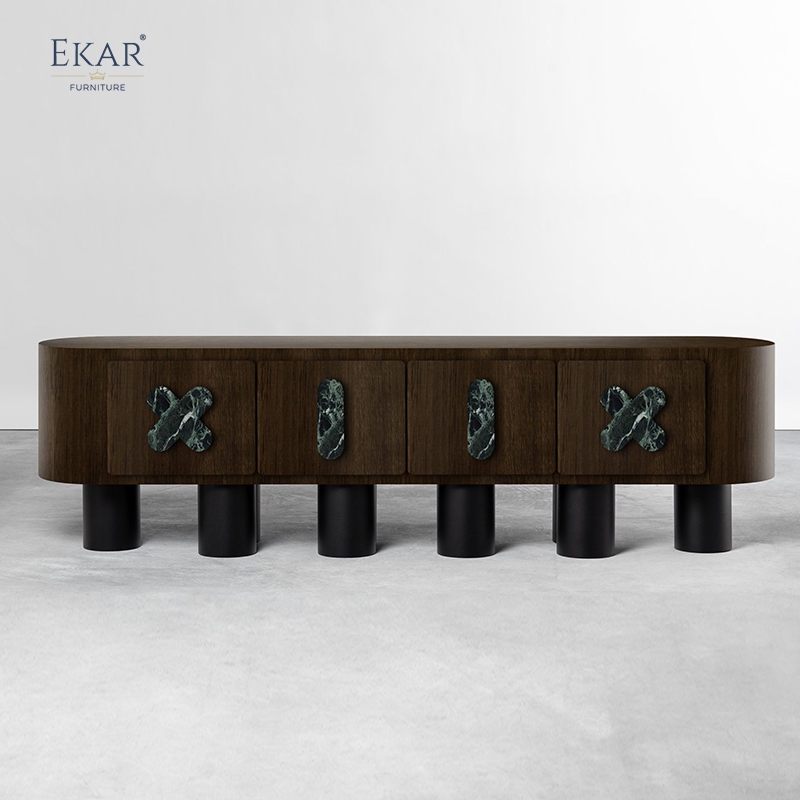 Modern Solid Wood Storage Cabinet with Natural Marble Handles