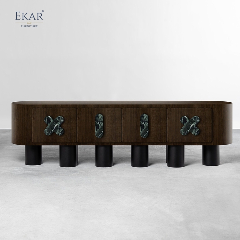 Modern Solid Wood Storage Cabinet with Natural Marble Handles