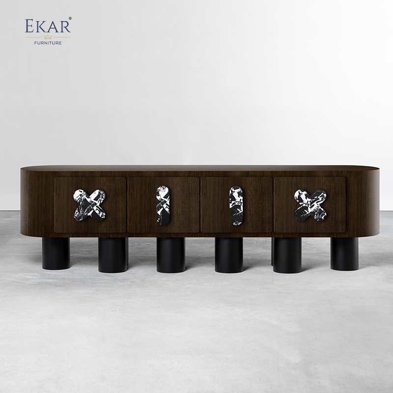 Modern Solid Wood Storage Cabinet with Natural Marble Handles