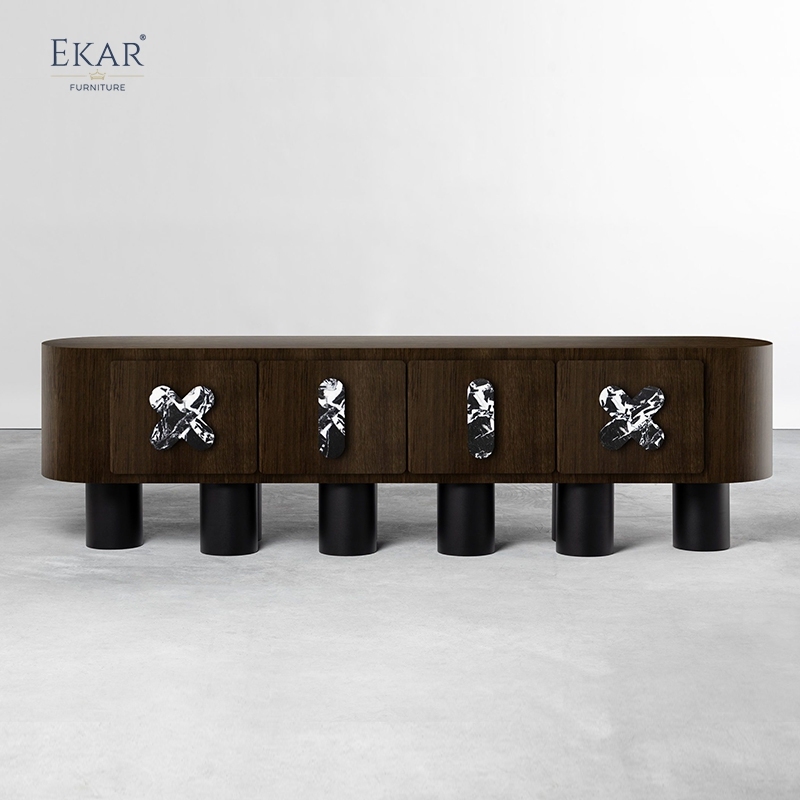 Modern Solid Wood Storage Cabinet with Natural Marble Handles