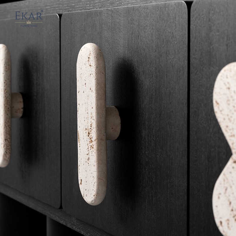 Modern Solid Wood Storage Cabinet with Natural Marble Handles