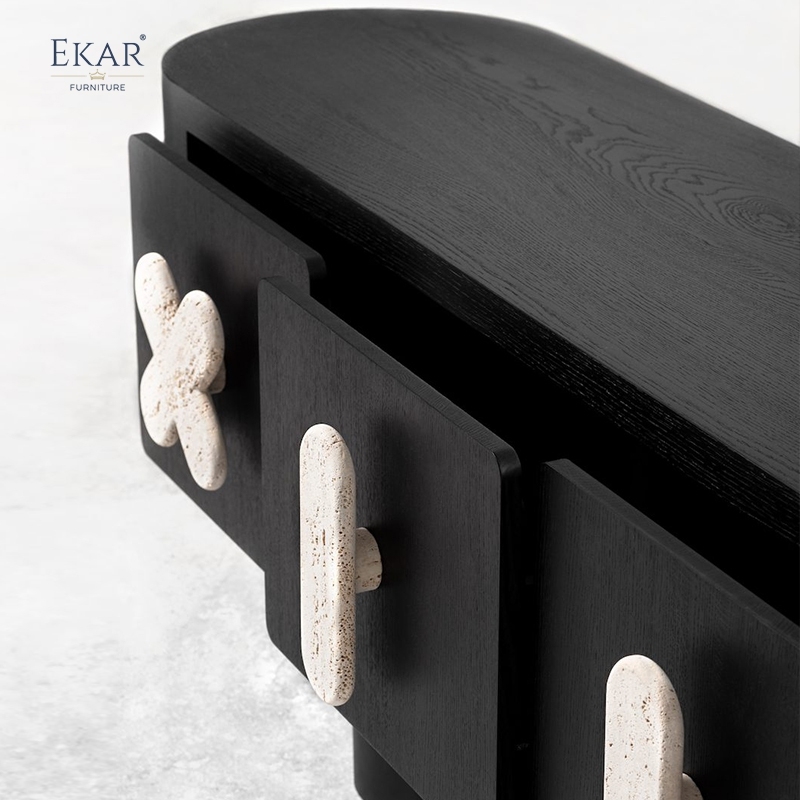 Modern Solid Wood Storage Cabinet with Natural Marble Handles