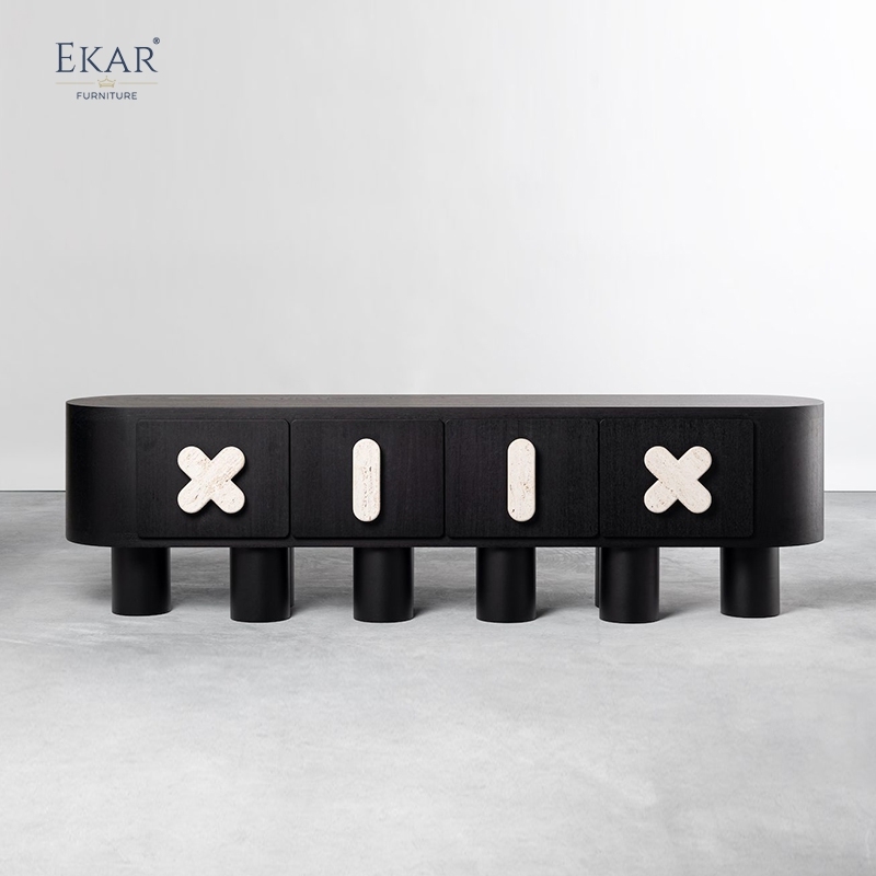 Modern Solid Wood Storage Cabinet with Natural Marble Handles