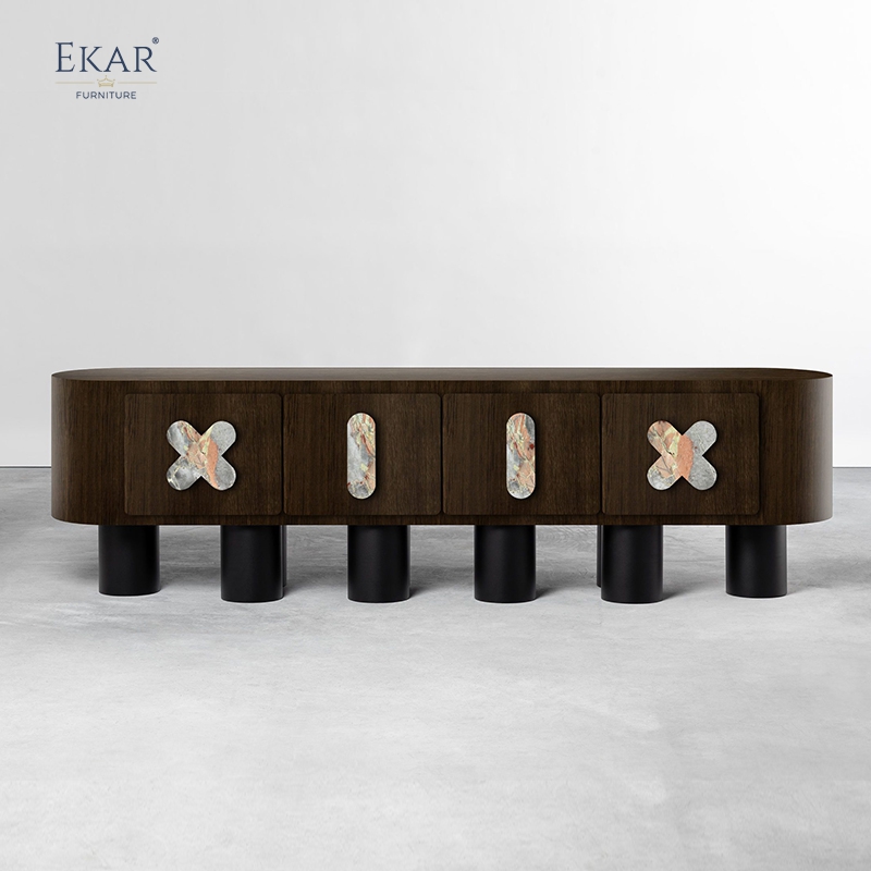 Modern Solid Wood Storage Cabinet with Natural Marble Handles