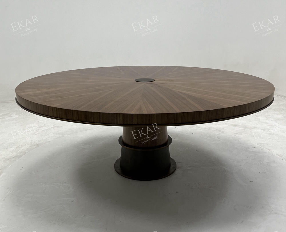 EKAR FURNITURE Modern Round Solid Wood Dining Table with Metal Trim