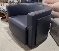 Modern Leather & Solid Wood Lounge Chair with Brass Accents and Ergonomic Design