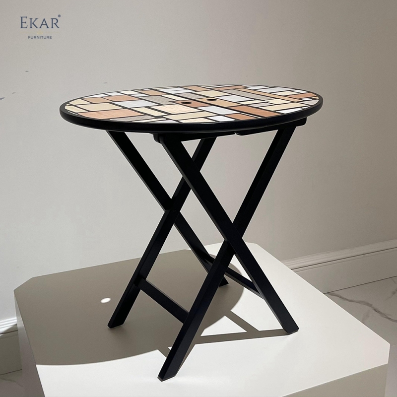 Modern Solid Wood Side Table with Parquet Inlay Top and Brass Accents