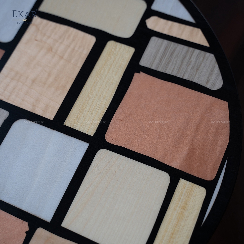 Modern Solid Wood Side Table with Parquet Inlay Top and Brass Accents