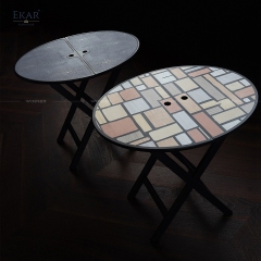 Modern Solid Wood Side Table with Parquet Inlay Top and Brass Accents