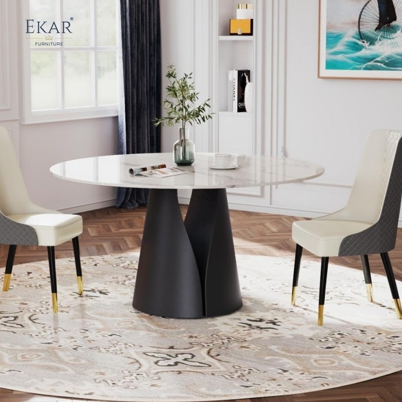 Modern Round Dining Table with Marble Top and Stainless Steel Base ...