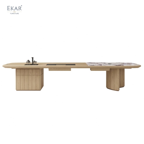 EKAR Modern Japandi Light Wood Executive Meeting Table with Marble Inlay &amp; Tea Station