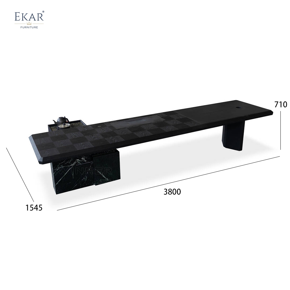 EKAR Modern Luxury Black Wood Executive Conference Table with Marble Base &amp; Integrated Tea Station