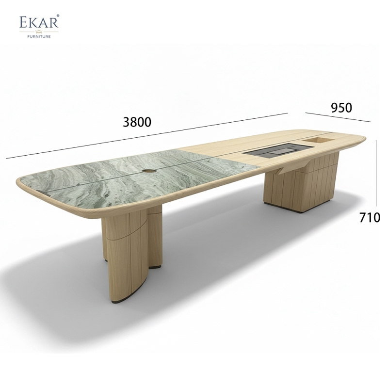 EKAR Modern Japandi Light Wood Executive Meeting Table with Marble Inlay & Tea Station