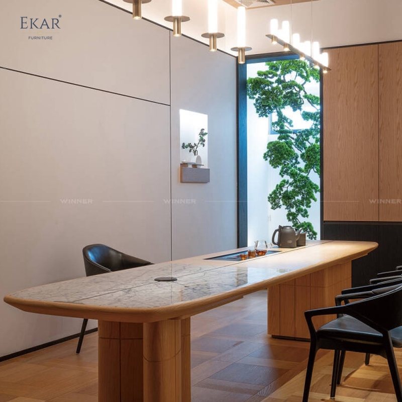 EKAR Modern Japandi Light Wood Executive Meeting Table with Marble Inlay & Tea Station