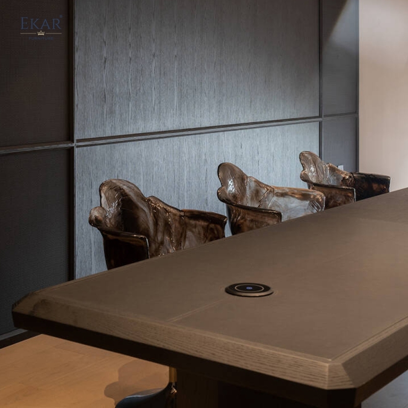 EKAR Modern Luxury Black Wood Executive Conference Table with Marble Base &amp; Integrated Tea Station
