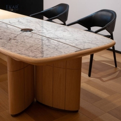 EKAR Modern Japandi Light Wood Executive Meeting Table with Marble Inlay & Tea Station